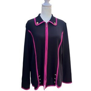 Misook Black Knit Full Zip Jacket Pink Trim Gold Buttons Collar Size‎ Medium